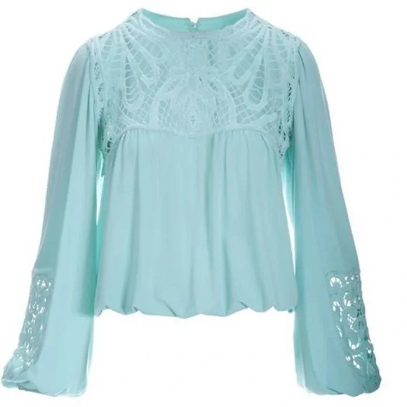 Lace Inset Blouson Knit Top COLOR : Airy Blue Size sizeXS - Picture 2 of 8